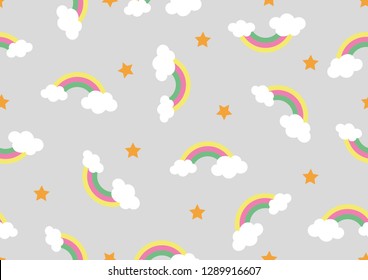 Seamless cute rainbow pattern with stars for wallpaper, cover, card and poster designs; interior decorations of baby rooms; textile and fabric prints