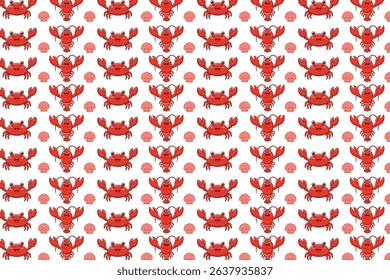 Seamless Cute Red Crab and Shell Summer Pattern Background, Cartoon Beach Ocean Sea Animal Design for Kids Fabric, Wrapping Paper, Wallpaper, Textile, and Digital Use