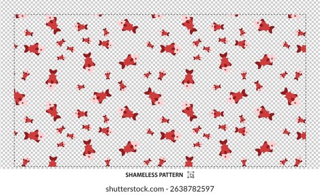 Seamless cute red fish pattern with playful marine animals on transparent background