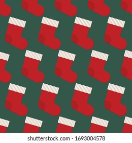 Seamless cute retro christmas vector pattern with red santa claus socks on dark green background.  