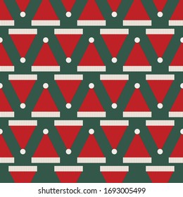 Seamless cute retro christmas vector pattern with red santa claus hats on dark green background.  