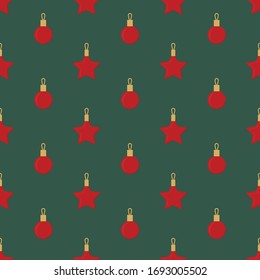 Seamless cute retro christmas vector pattern with red holiday toys on dark green background. 