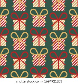 Seamless cute retro christmas vector pattern with red and gold striped gifts, presents on dark green background. Gift wrapping paper, interior, cloth, fabric or web design.