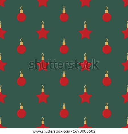 Seamless cute retro christmas vector pattern with red holiday toys on dark green background. 