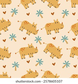 Seamless Cute Rhino Pattern. vector illustration	