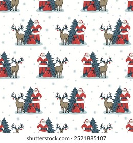 Seamless cute Santa Claus and Santa sleigh, vector illustration