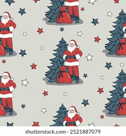 Seamless cute Santa Claus and Santa sleigh, vector illustration