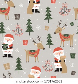 Seamless cute Santa and reindeer and Christmas ornament pattern background