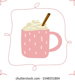 Seamless Cute Scandinavian vector pattern. A pink cup is filled with hot drink, foam, cream, cinnamon. Eggnog, coffee, cocoa, chocolate, milk on a white background. Winter holidays element