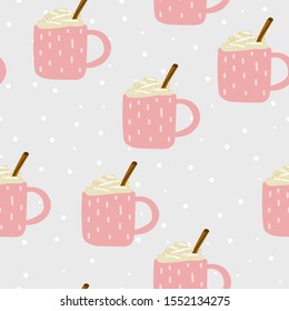 Seamless Cute Scandinavian vector pattern. A pink cups with ornament is filled with hot drink, foam, cream, cinnamon. Eggnog, coffee, cocoa, chocolate, milk on snow background. Winter holidays element