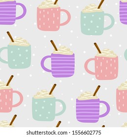 Seamless Cute Scandinavian vector pattern. A pink, blue, violet cups with ornament with hot drinks, foam, cream, cinnamon. Eggnog, coffee, cocoa, chocolate, milk on snow background. Winter holidays