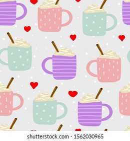 Seamless Cute Scandinavian vector pattern. A pink, blue, violet cups with ornament and hot drinks, cream, cinnamon. Eggnog, coffee, cocoa, on snow background with red hearts. Winter holidays