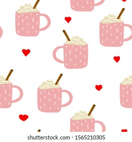 Seamless Cute Scandinavian vector pattern. A pink cups with ornament and hot drinks, cream, cinnamon. Eggnog, coffee, cocoa, on white background with red hearts. Holidays New Year and Valentine's Day