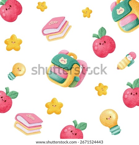 Seamless cute school watercolor pattern with backpack, books, apple, pencil, star and light bulb. Fun education illustration design isolated on white background.
