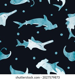 Seamless cute sea animals pattern. Vector watercolor background with shark, skate, sawfish.