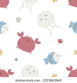 Seamless with cute sea characters. Vector illustration. For card, posters, banners, printing on the pack, printing on clothes, fabric, wallpaper.