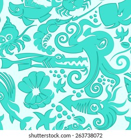 seamless cute sea creature pattern cartoon vector illustration 