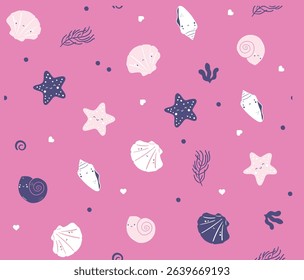 Seamless Cute Sea Shell and Starfish Vector Pattern – Marine Kids Background Design