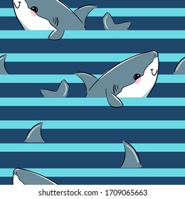 Tiburón lindo sin manchas en un patrón vectorial de fondo azul. Diseño de impresión infantil para tela, fondo.