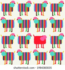 Seamless cute sheep pattern of bright stripes, vector illustration of cute sheeps, cartoon style.  Vintage ornament for poster, wallpaper, printing on the packaging paper, textiles.
