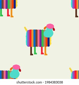 Seamless cute sheep pattern of bright stripes, vector illustration of cute sheeps, cartoon style.  Vintage ornament for poster, wallpaper, printing on the packaging paper, textiles.
