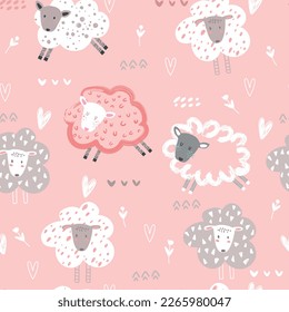 Seamless cute sheep pattern. Vector background for kids. Pink background.