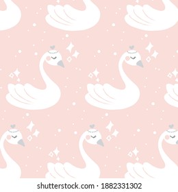 Seamless Cute Shining Queen Pink White Swan Children Book with Crown Illustration 