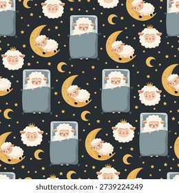 Seamless Cute Sleeping Sheep Nursery Pattern with Moon and Stars. Adorable lamb illustrations in soft pastel colors. Flat vector clipart, illustration with isolated background.
