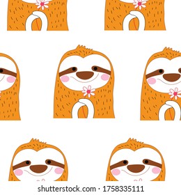 Seamless  of  cute sloth animal with flower  cartoon  hand drawn vector illustration  eps.10