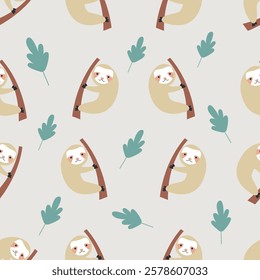 Seamless Cute Sloth Pattern. vector illustration