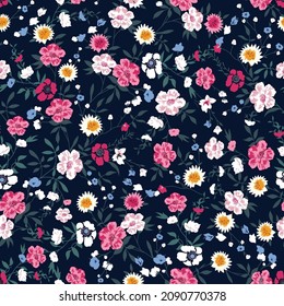 seamless cute small flower pattern on navy background