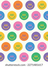 Seamless cute smiling faces pattern design 70s style. Vector illustration.