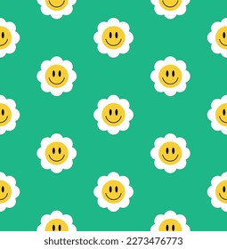 Seamless cute smiling flower pattern design 70s style. Vector illustration.