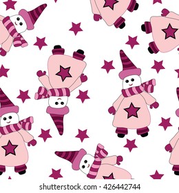 Seamless with cute snow man and star. Vector illustration seamless for banner, card, invitation, textile, fabric, wrapping paper.