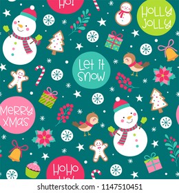 Seamless Of Cute Snowman, Bird And Decorative Elements For Christmas And New Year Background