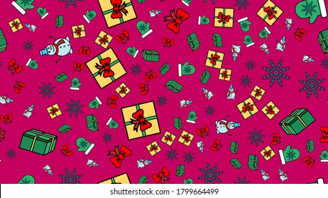 Seamless of cute snowman, bird and decorative elements for christmas and new year background.