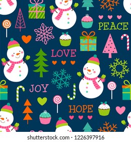 Seamless of cute snowman and decorative elements for christmas and new year background
