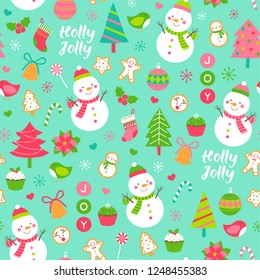 Seamless of cute snowman and decorative elements for christmas and new year background
