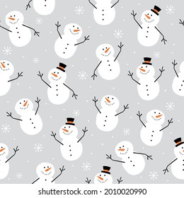 Seamless cute snowman on silver background