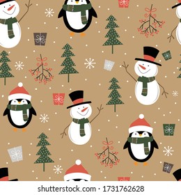 Seamless cute snowman and penguin on look brown craft paper background, Christmas ornament pattern, vector illustration