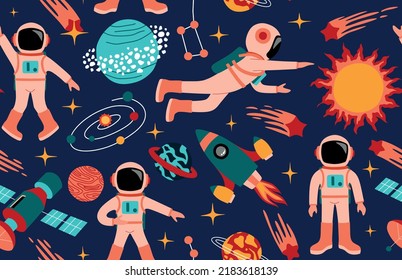 	
Seamless cute space pattern with astronauts