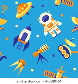 Seamless cute space pattern with astronauts, planets and rockets, childish background