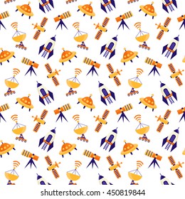 Seamless cute space pattern with astronauts, planets and rockets, childish background