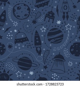 Seamless cute space pattern. It is good for baby clothes, baby bedding, wallpapers, notebook covers, etc.