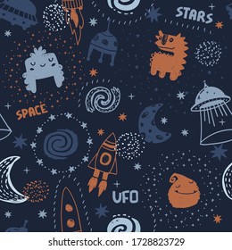 Seamless cute space pattern. It is good for baby clothes, baby bedding, wallpapers, notebook covers, etc.