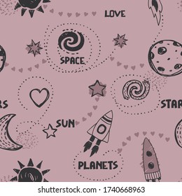 Seamless cute space pattern. It is good for baby clothes, baby bedding, wallpapers, notebook covers, etc.