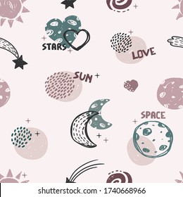 Seamless cute space pattern. It is good for baby clothes, baby bedding, wallpapers, notebook covers, etc.