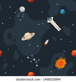 Seamless cute space seamless pattern with lonely astronaut between planets and rockets. Empty space. Flat vector illustration.