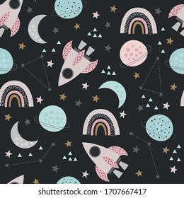 Seamless cute Space vector pattern for kids, children, baby. Rainbow, planets, moon, stars background. Scandinavian style for fabric, wallpaper, clothes, swaddles, apparel, planner, stickers.