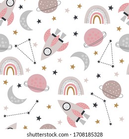 Seamless cute Space vector pattern for kids, children, baby. Rainbow, planets, moon, stars background. Scandinavian style for fabric, wallpaper, clothes, swaddles, apparel, planner, stickers.